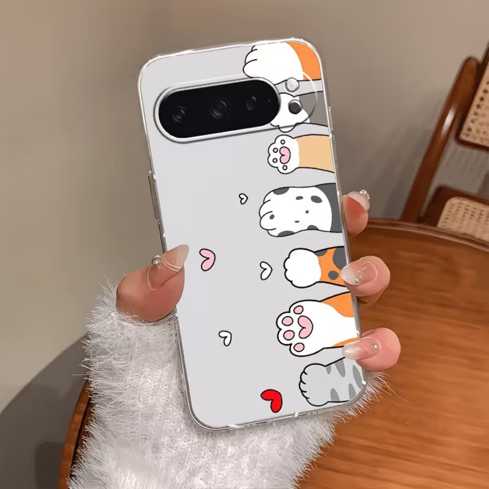 Phone Cases Google Pixel 9 - Cartoon Cat Paw Print Crystal Clear